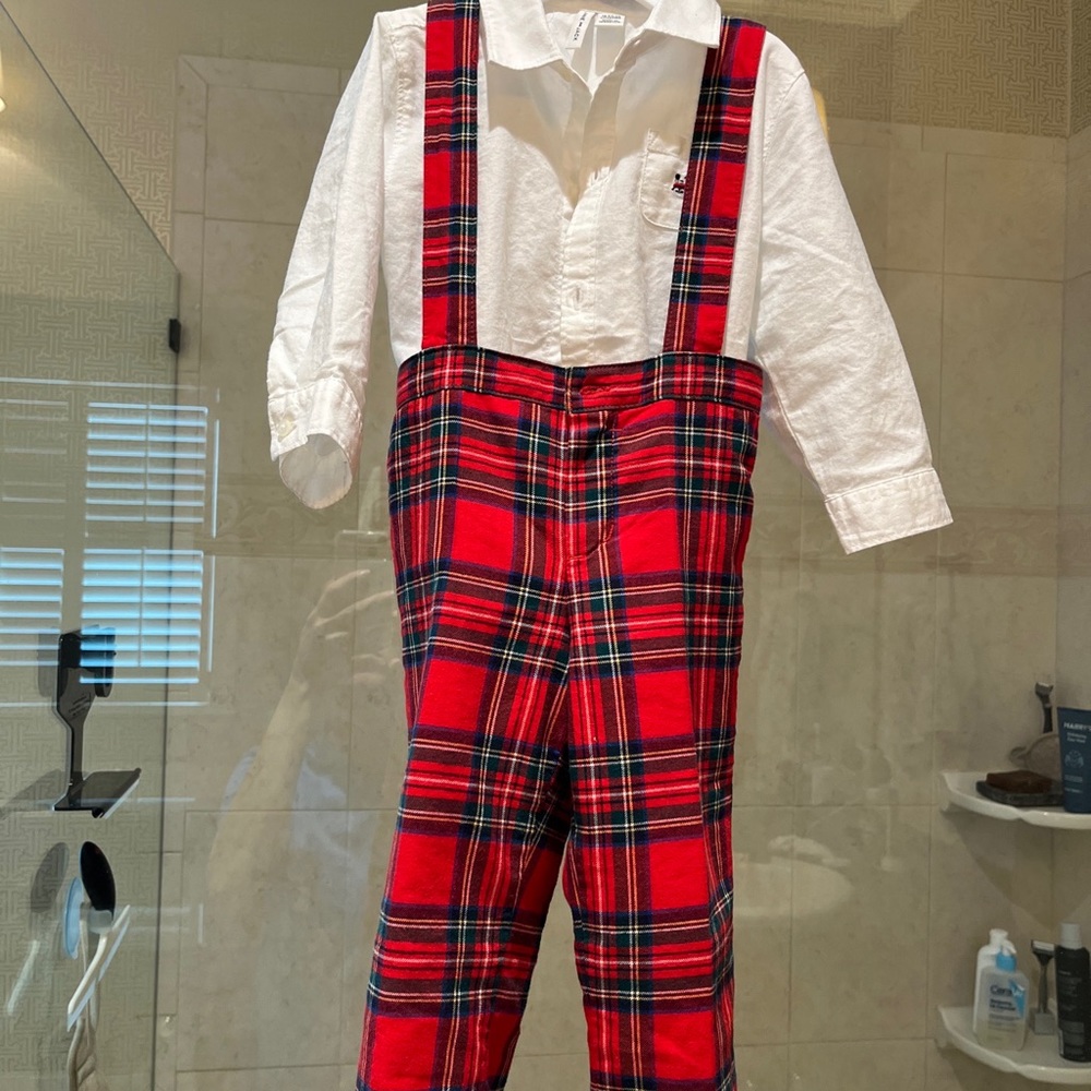 Toddler boys Christmas overalls and shirt set. Fits 18-24mo